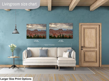 Badlands National Park Red Rock Formations, Photography Print, Moody Clouds, South Dakota Landscape Décor