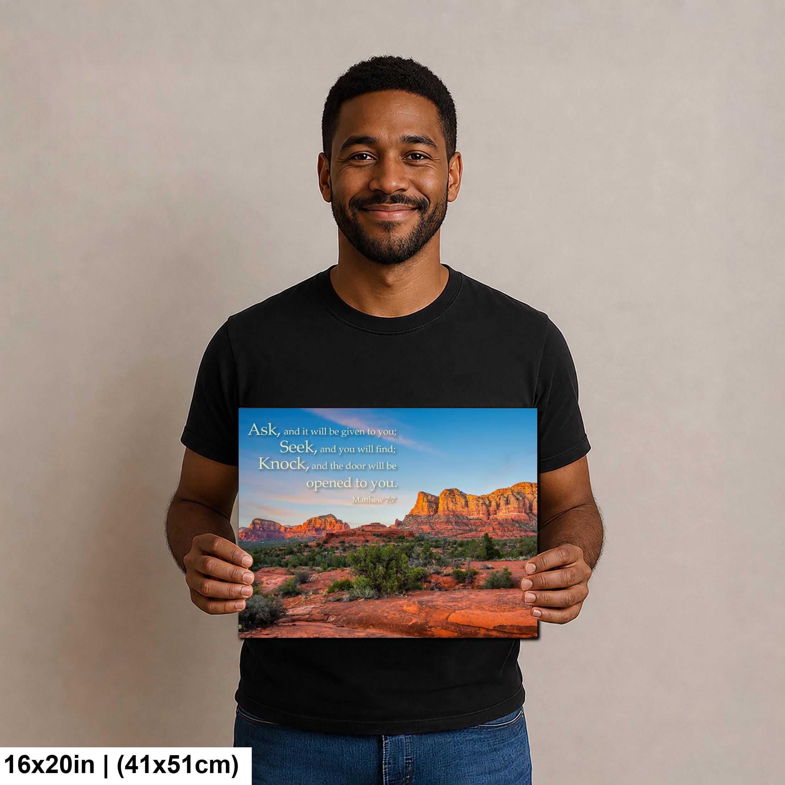 Matthew 7:7 Inspirational Bible Verse Wall Art for Faith and Perseverance, Sedona Red Rock Landscape Photography Wall Art