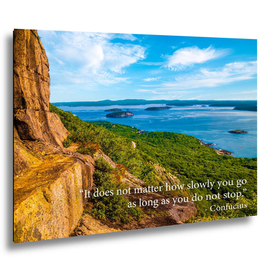 Confucius Motivational Wall Art for Perseverance and Progress, Coastal Mountain Photography Print for Home or Office Decor