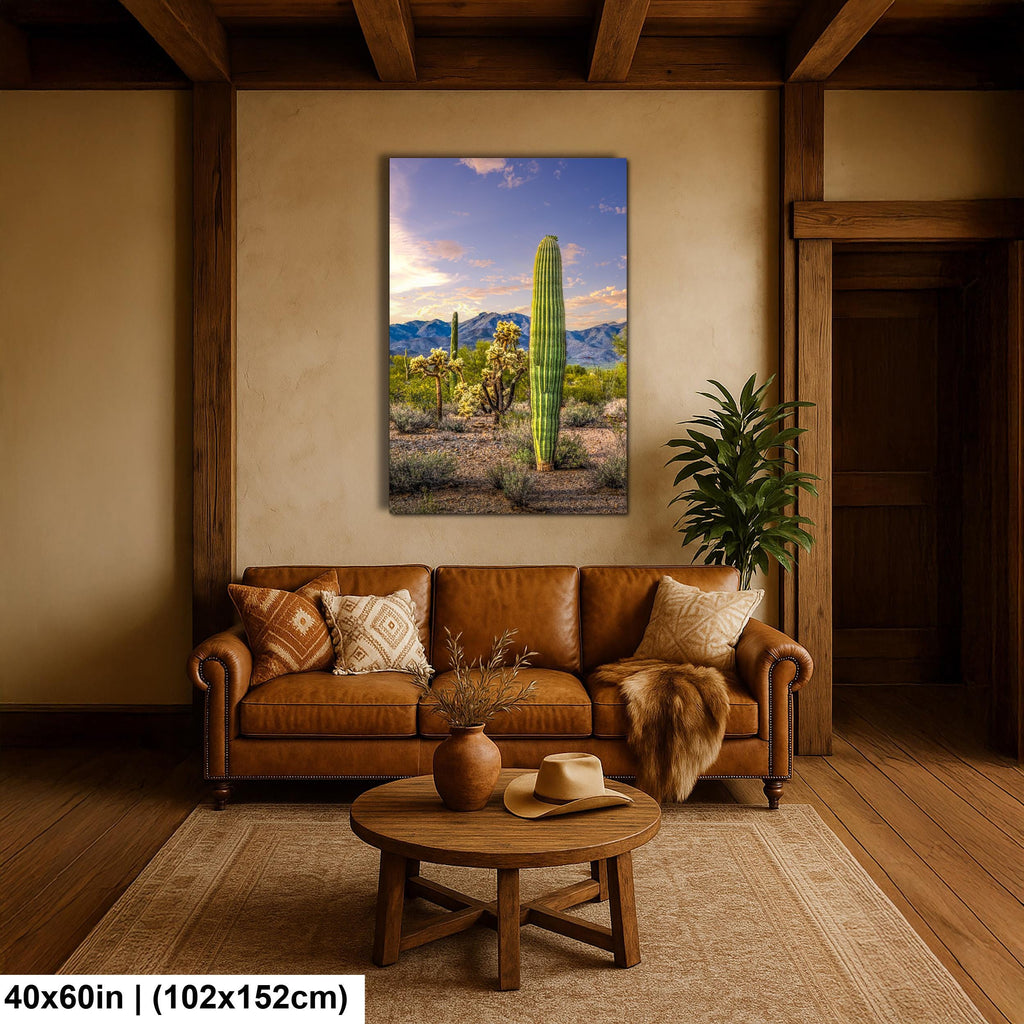 Golden Hour Saguaros and Cholla in Bloom Desert Photography Print, Tucson Arizona Southwest Wall Art Decor