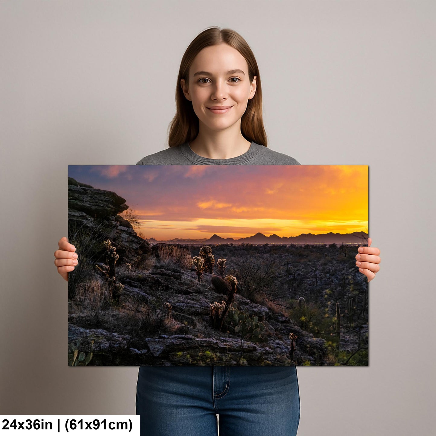 Sonoran Desert Sunset with Cholla and Saguaros - Casa Grande Arizona Photography Print