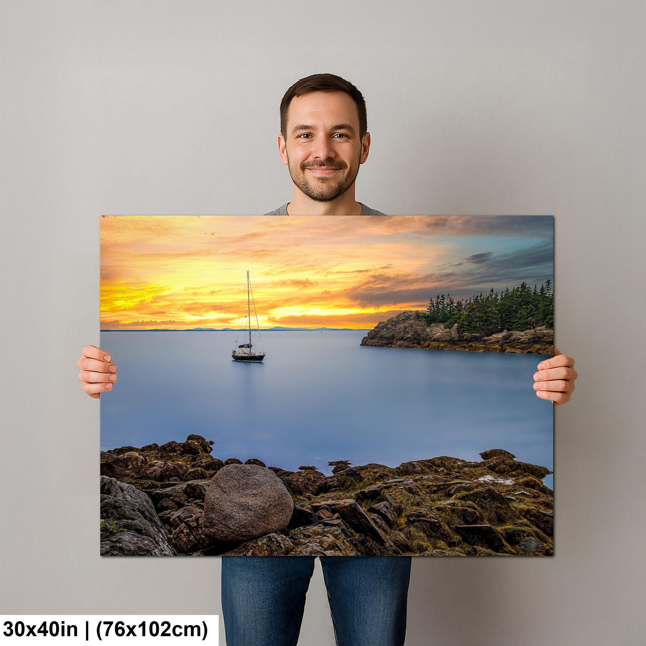 Peaceful Mooring: Sailboat Coastal Maine Harbor Sunset Photography Wall Art