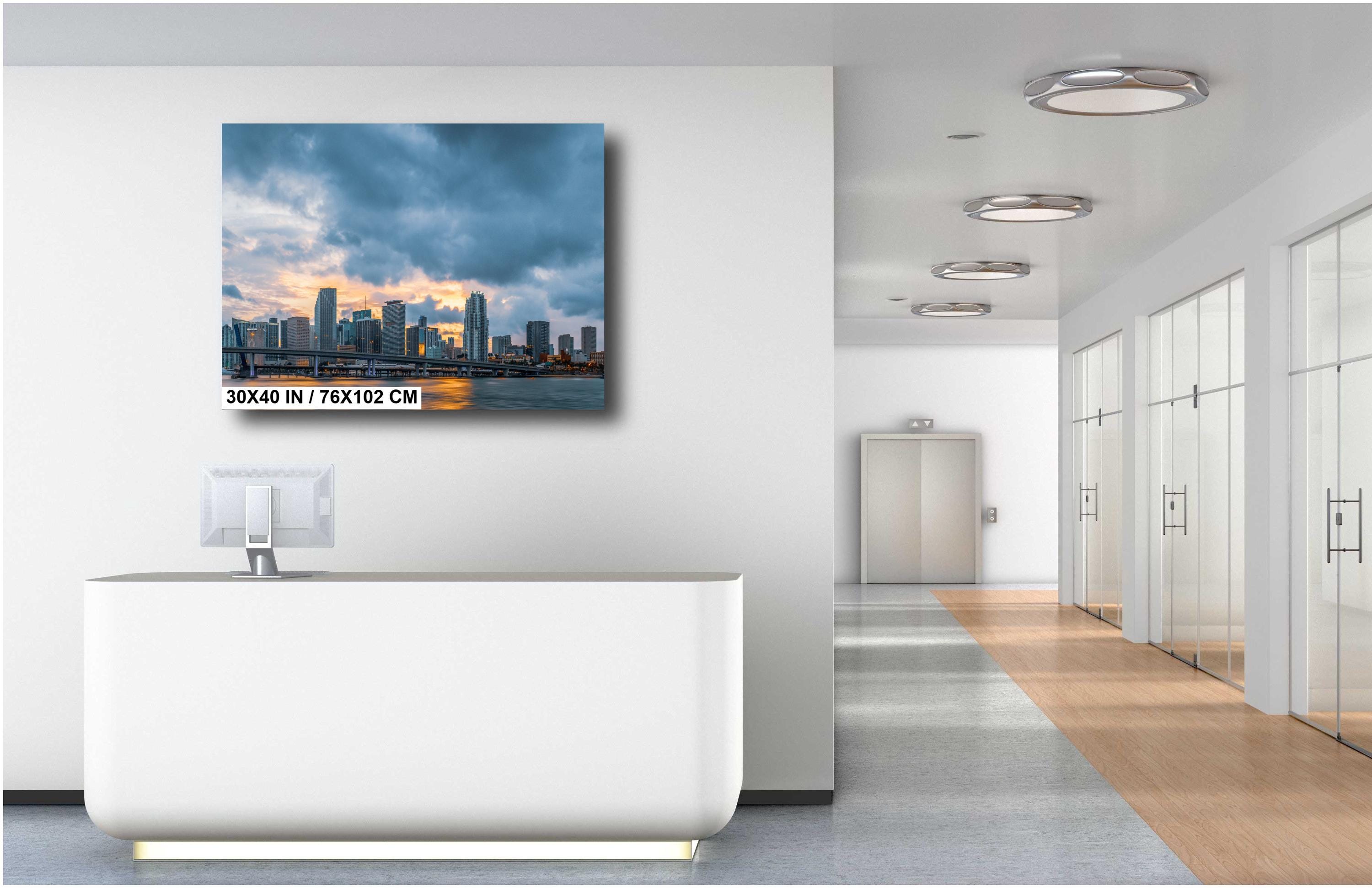 Miami Skyline from the Bay at Sunset: Florida Print Wall Art MacArthur Causeway Bridge Photography Aluminum/Acrylic/Metal/Canvas Home Decor