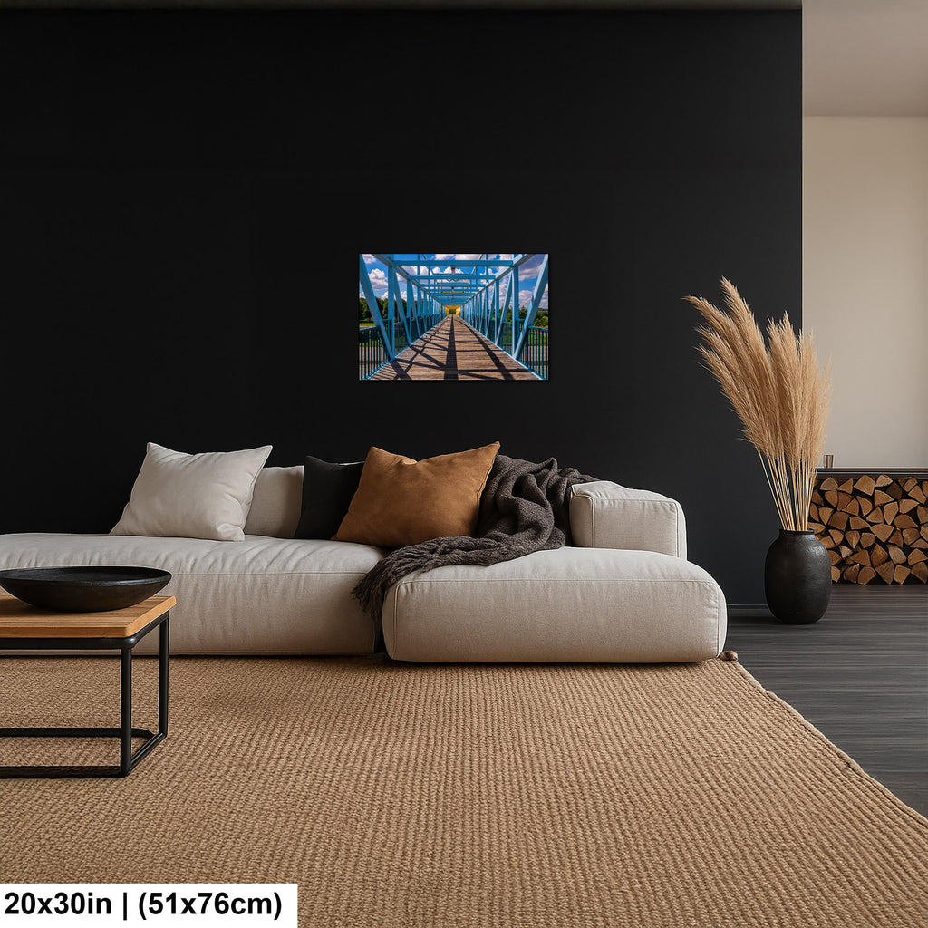 Blue Pedestrian Bridge in Minneapolis Minnesota Photography Print, Modern Urban Architecture Wall Art Decor