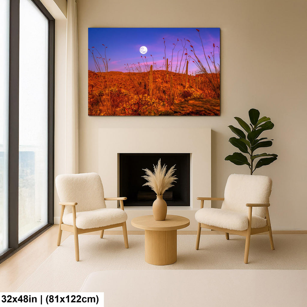 Sonoran Desert Full Moon Print – Saguaros, Ocotillo, Twilight Sky Photography Wall Art