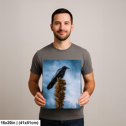Raven Perched on Golden Agave Stalk - Dramatic Bird Wildlife Photography Print