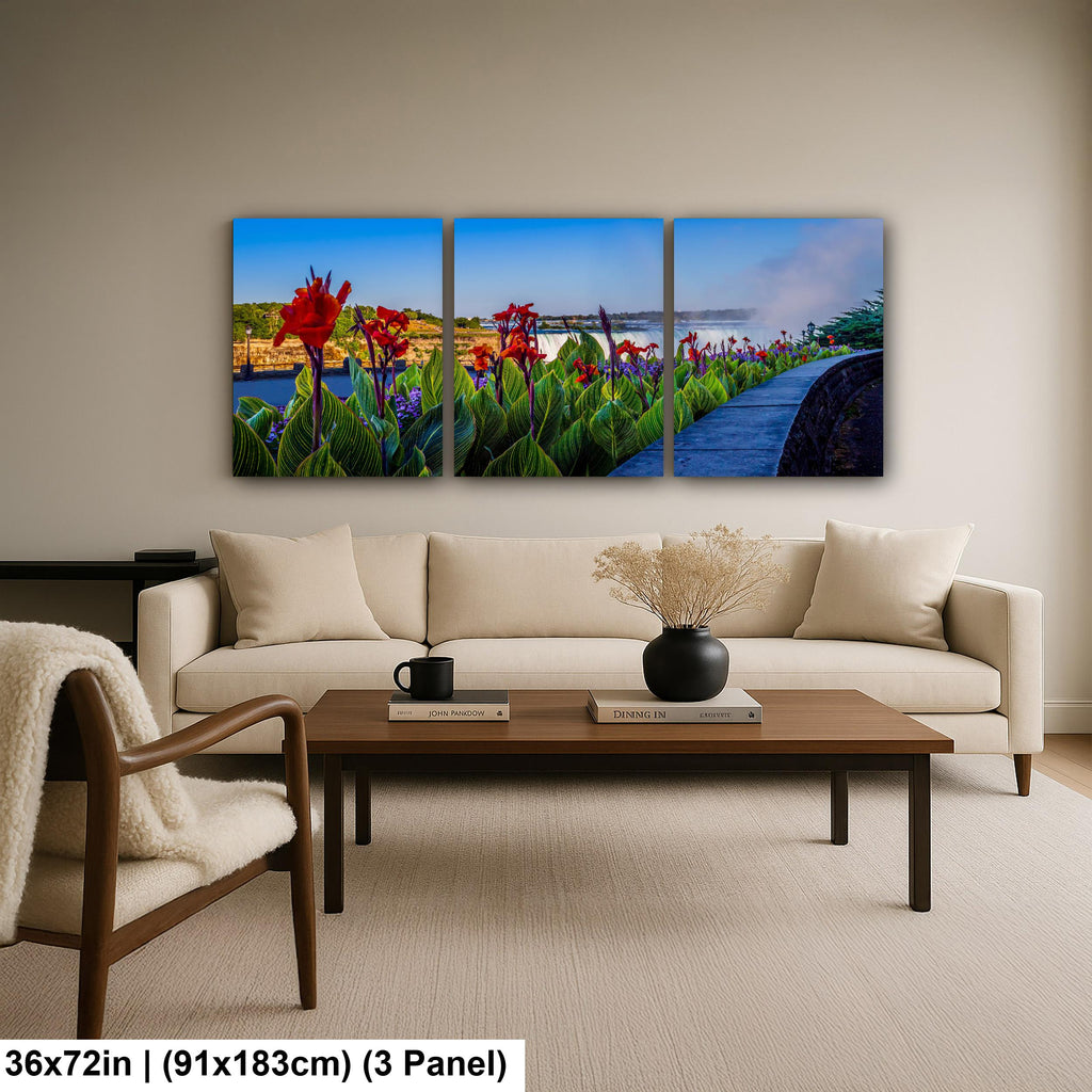 Niagara Falls Garden Overlook Photography Print, Ontario Canada Wall Art, Red Flowers Waterfall Decor