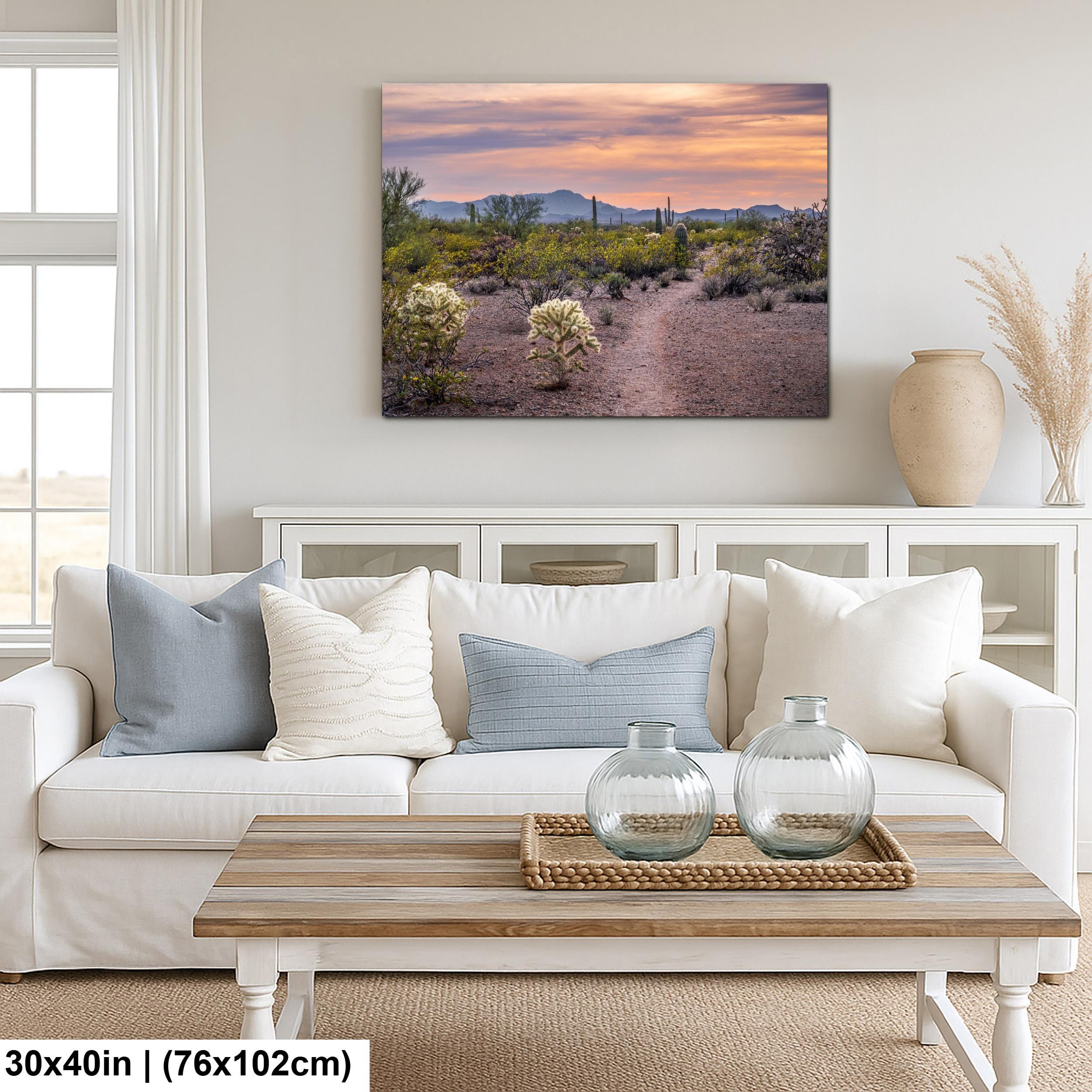 Spring Wildflowers and Saguaros at Sunset, Tucson Arizona Sonoran Desert Photography Print