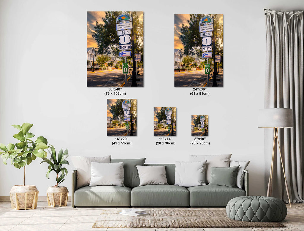 Key West Highway 1 Sign: Florida Keys Scenic Highway Mile 0 Zero America's Byways Print Wall Art Photography Aluminum/Acrylic/Metal/Canvas