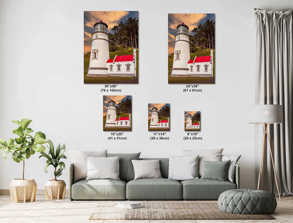 Living room with a gray sofa and decorative plants, featuring framed pictures of Heceta Head Lighthouse.