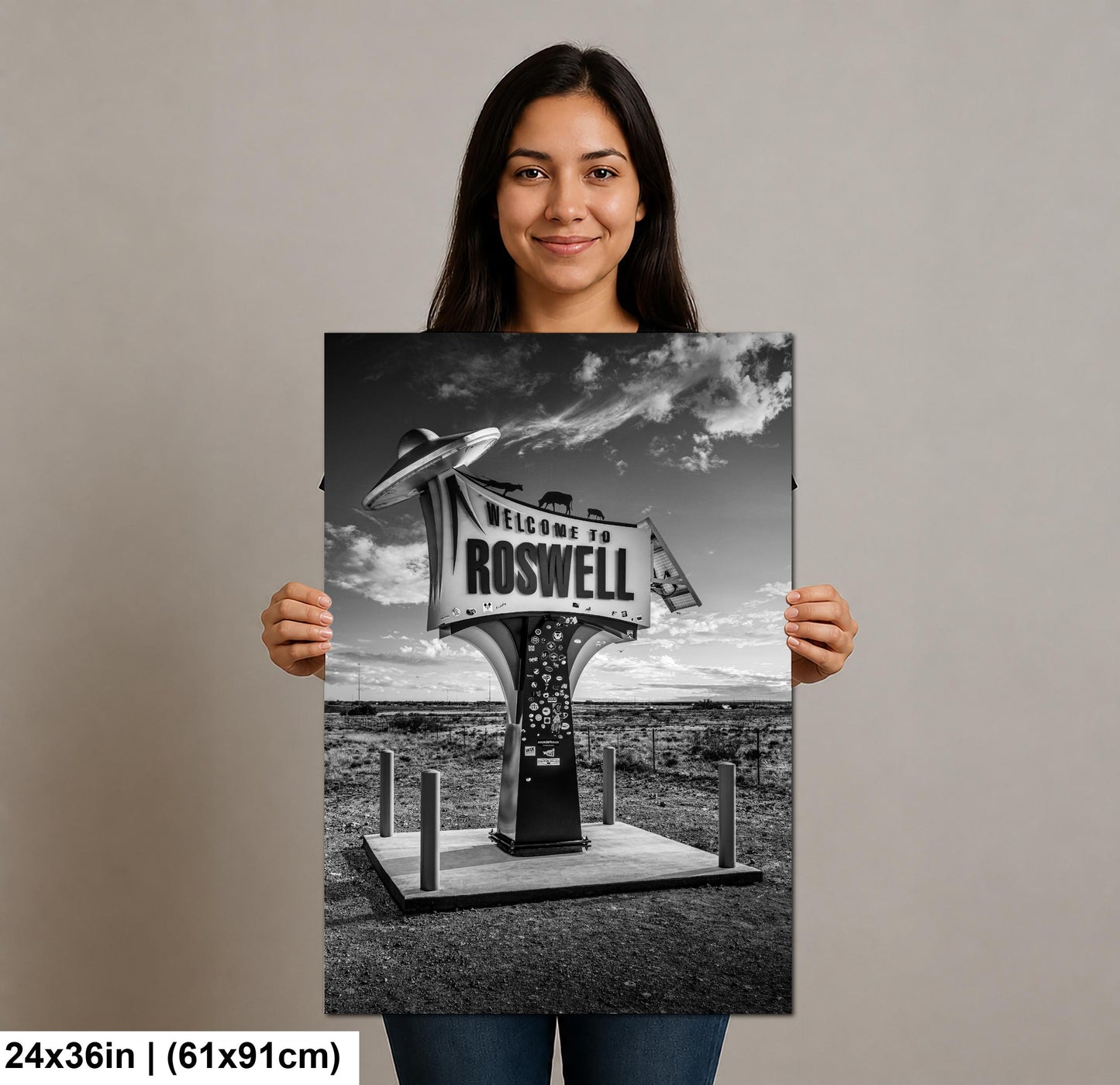 Black and White Roswell New Mexico Welcome Sign Wall Art Print UFO Alien Souvenir
