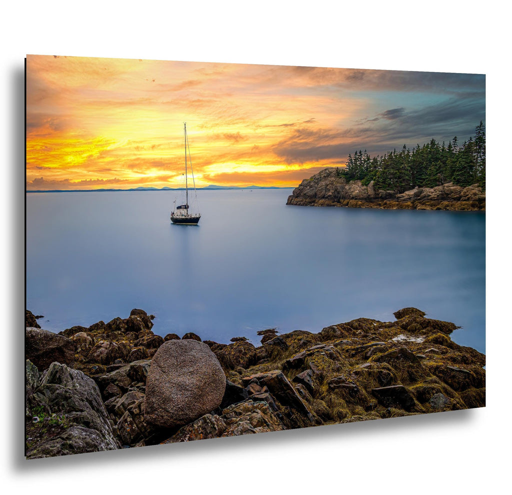 Peaceful Mooring: Sailboat Coastal Maine Harbor Sunset Photography Wall Art