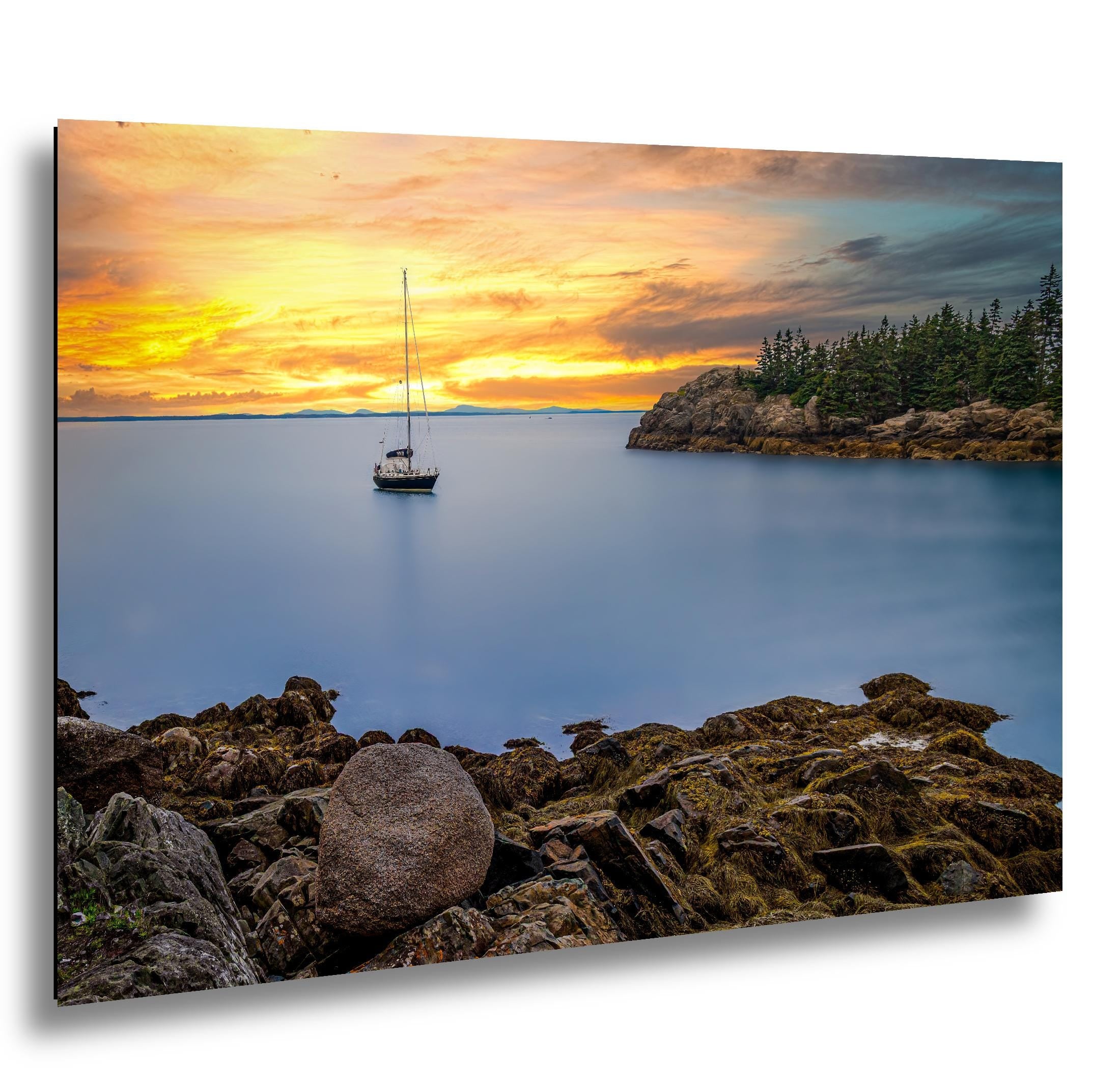 Peaceful Mooring: Sailboat Coastal Maine Harbor Sunset Photography Wall Art