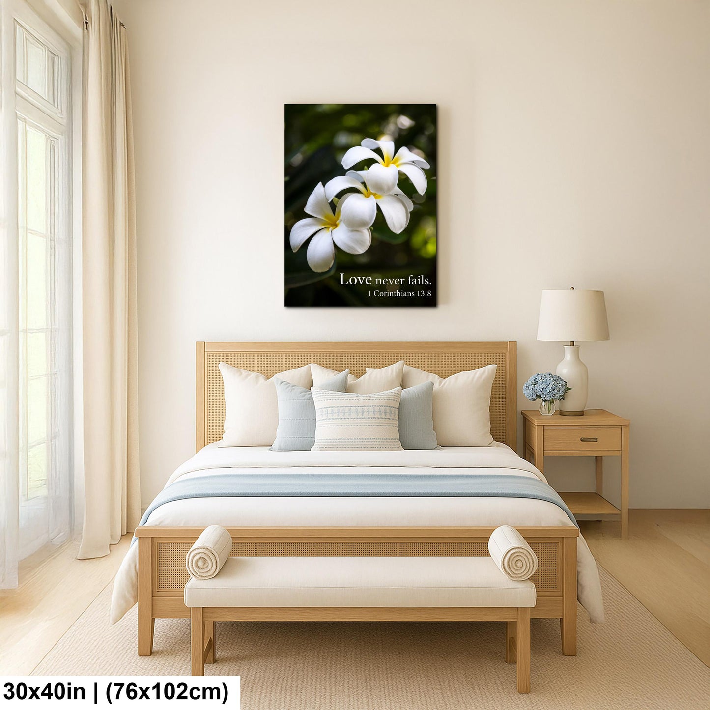 1 Corinthians 13:8 Love Never Fails Bible Quote White Plumeria Flowers Inspirational Photography Print
