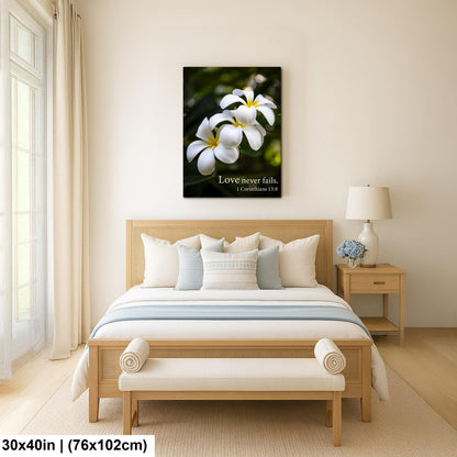 1 Corinthians 13:8 Love Never Fails Bible Quote White Plumeria Flowers Inspirational Photography Print