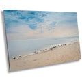 A wall art print featuring a beach scene with birds on Perdido Key, Florida, with a clear blue sky and calm ocean waters.