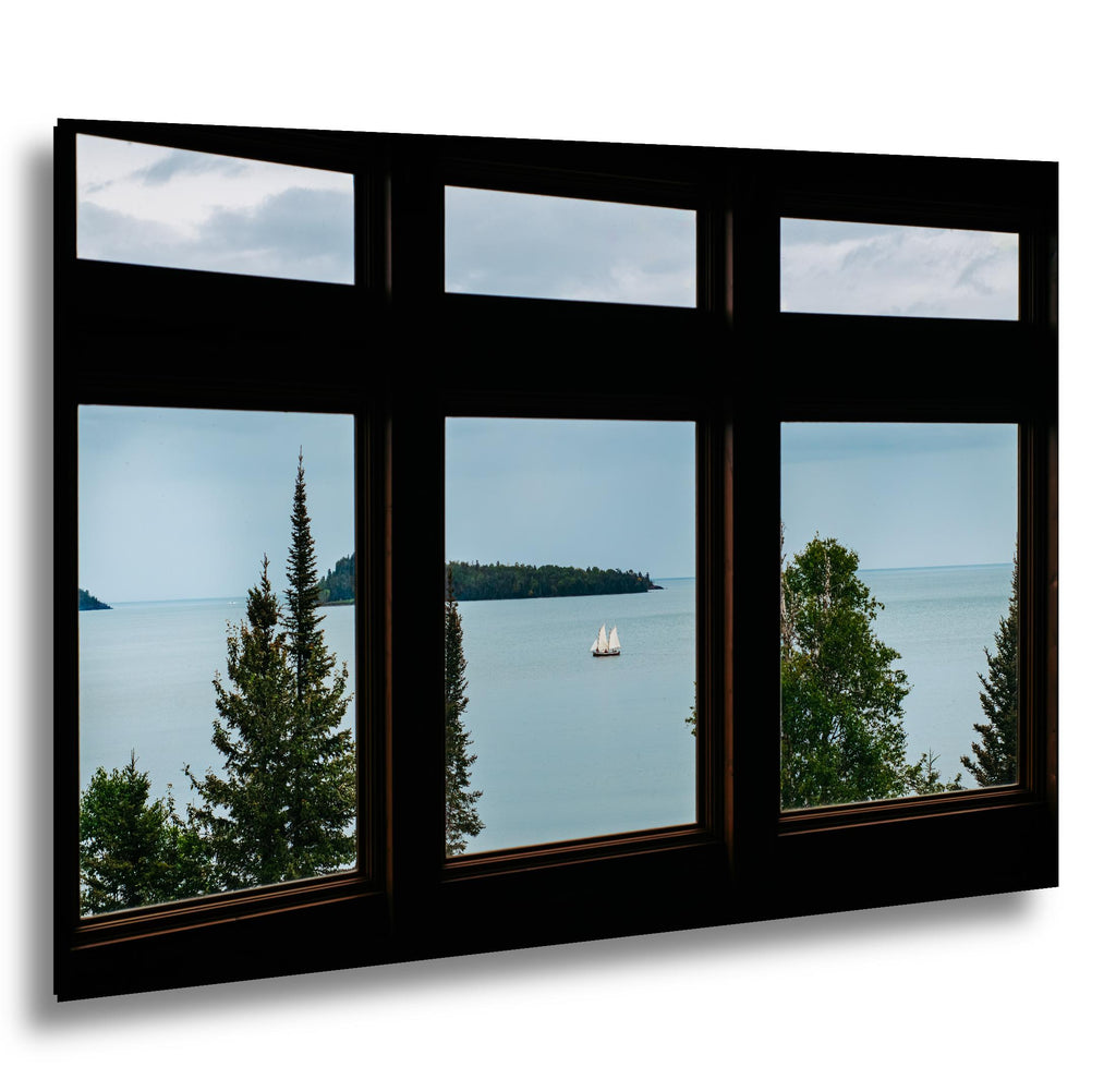 Sailboat on Lake Superior Through Rustic Windows, Grand Portage Minnesota Photography Print