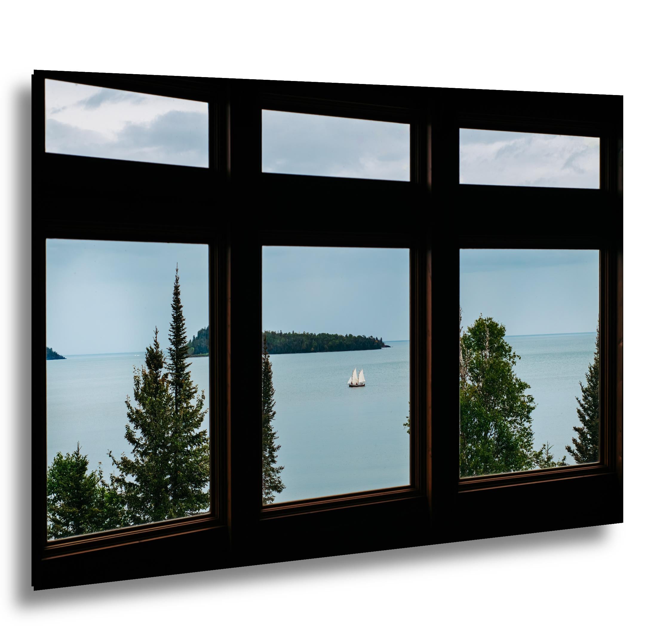 Sailboat on Lake Superior Through Rustic Windows, Grand Portage Minnesota Photography Print