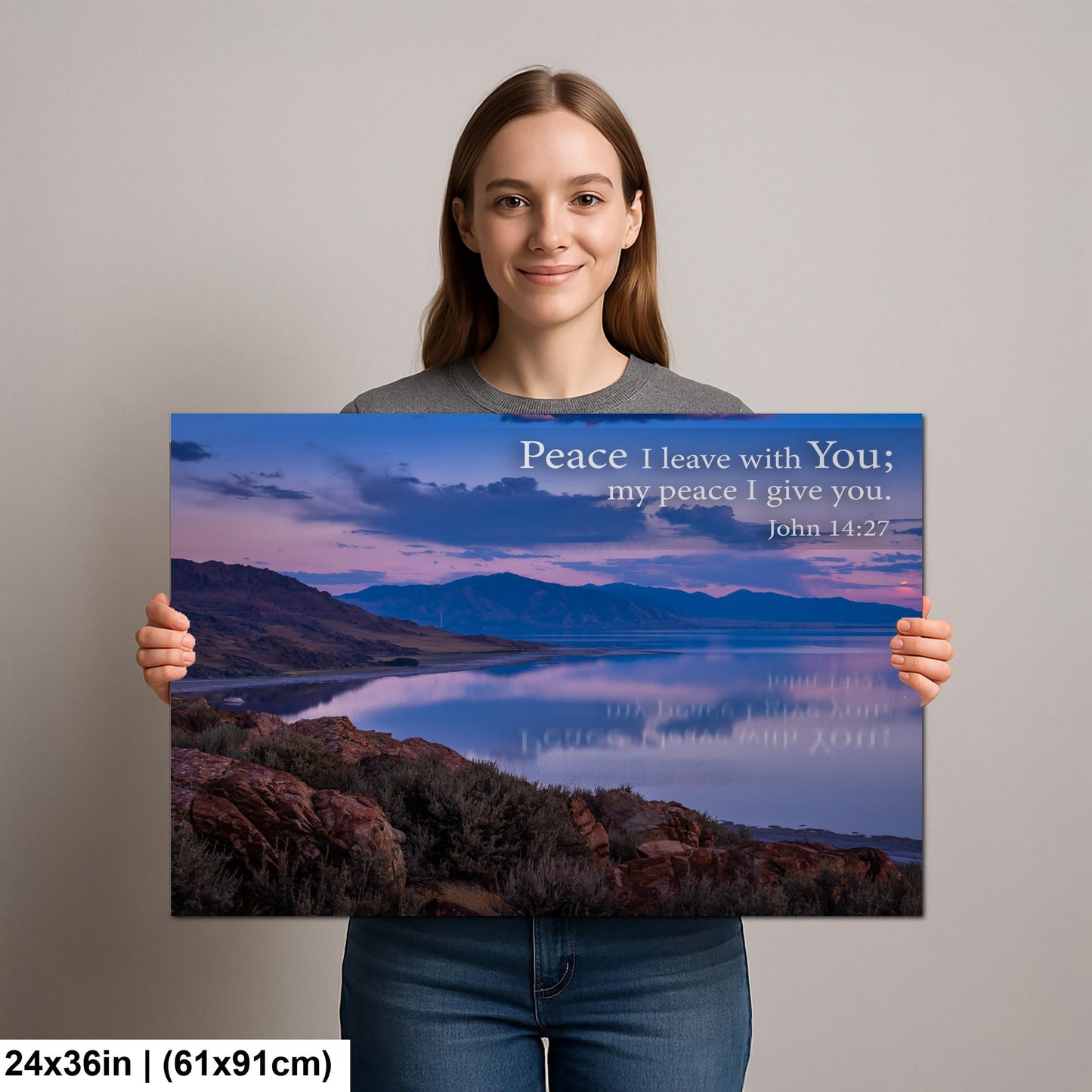 John 14:27 Peace I Leave with You, Sunset Lake Photography Print, Christian Scripture Bible Verse Wall Decor for Home or Office