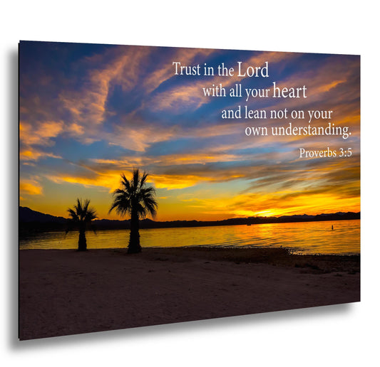 Proverbs 3:5 Trust in the Lord Bible Quote Sunset Palm Trees Inspirational Photography Print