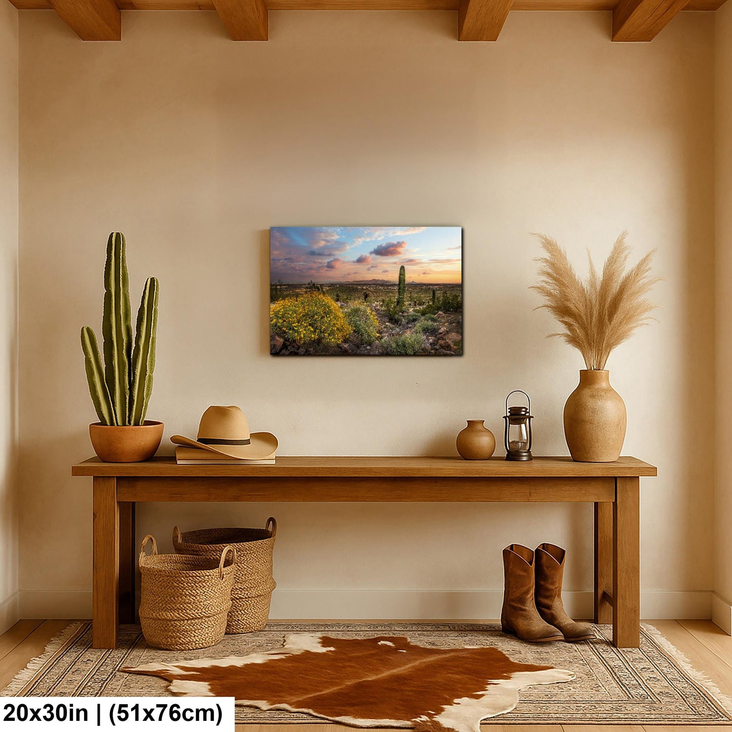 Arizona Sunset Overlook with Saguaros and Wildflowers - Casa Grande Sonoran Desert Photography Print