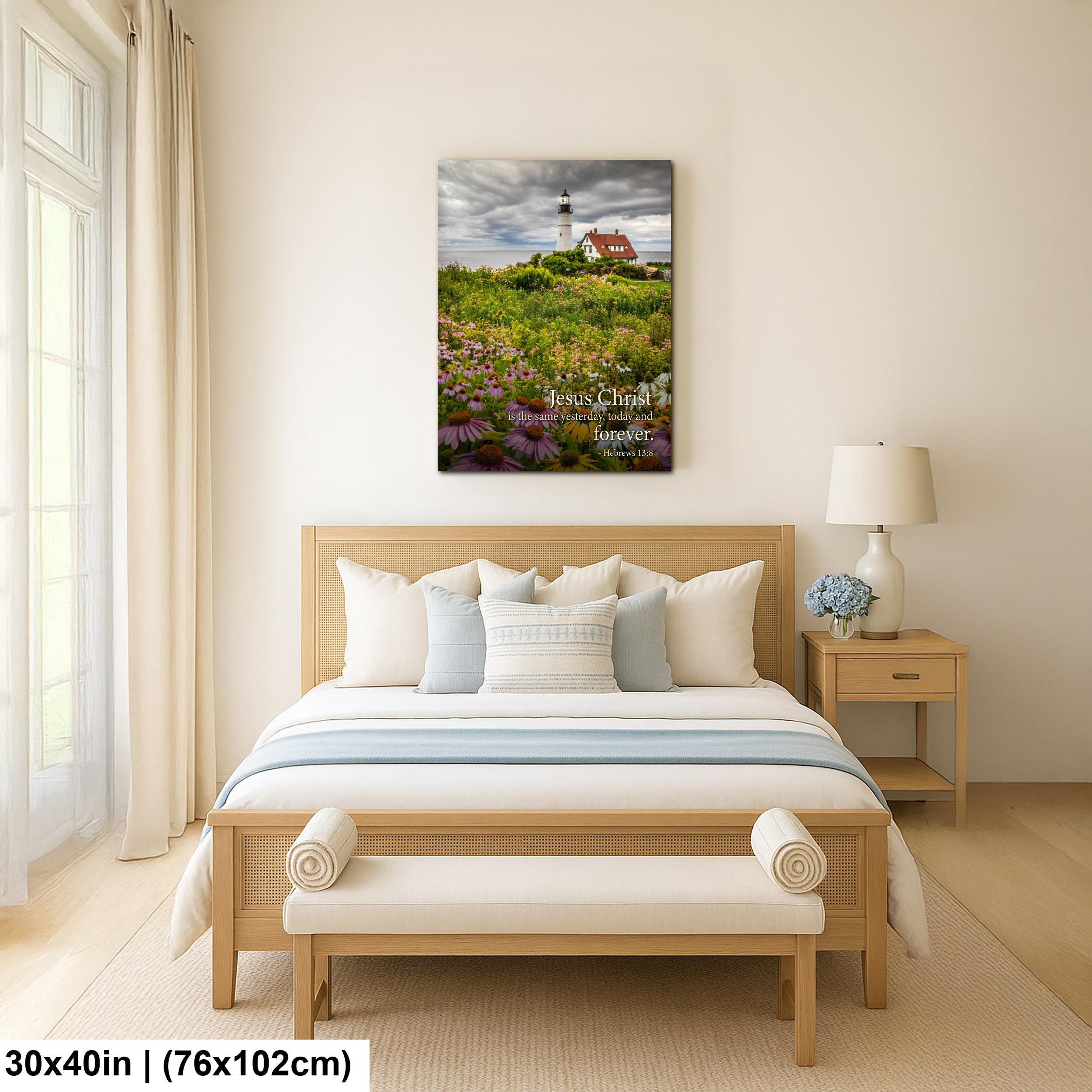 Lighthouse Wall Art – Portland Head Light Christian Wall Decor With Hebrews 13 8 Print