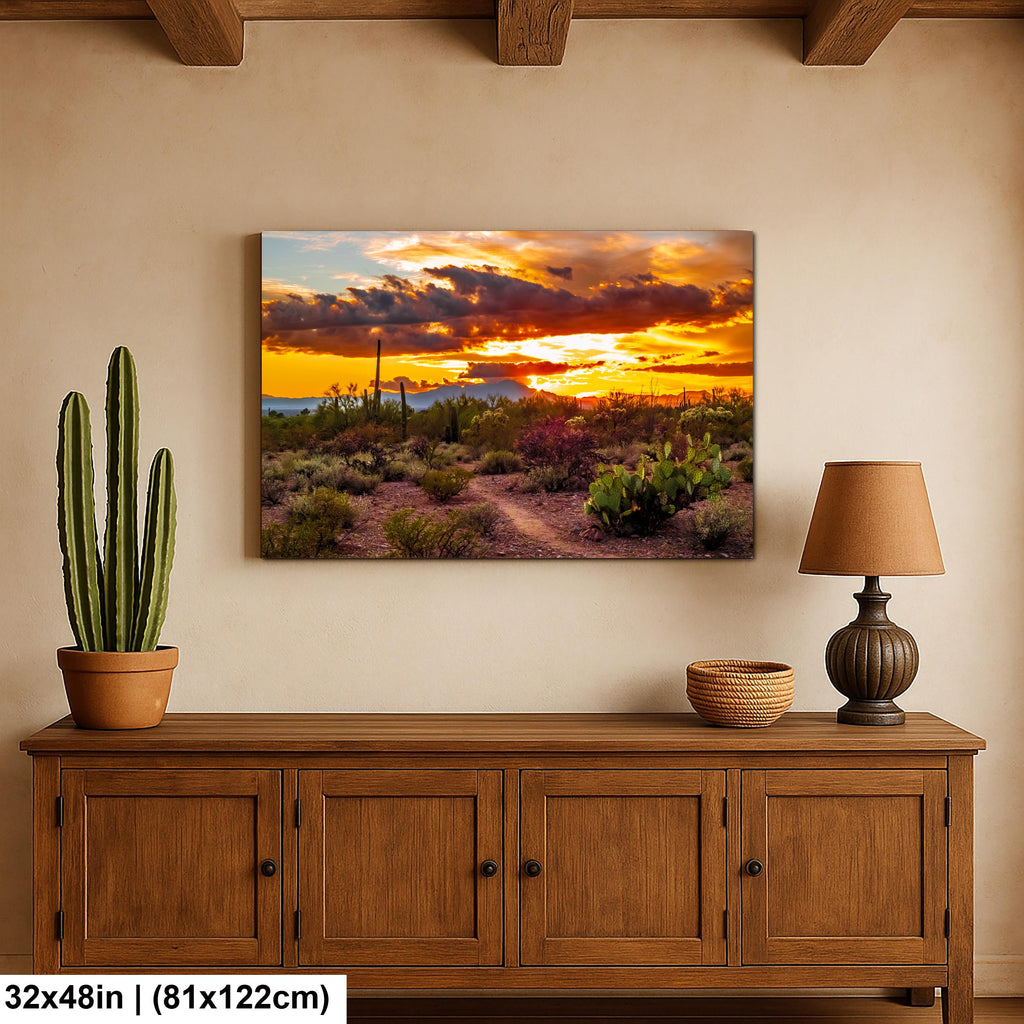 Fiery Sonoran Desert Sunset with Cactus, Tucson Mountain Park Arizona Photography Wall Art