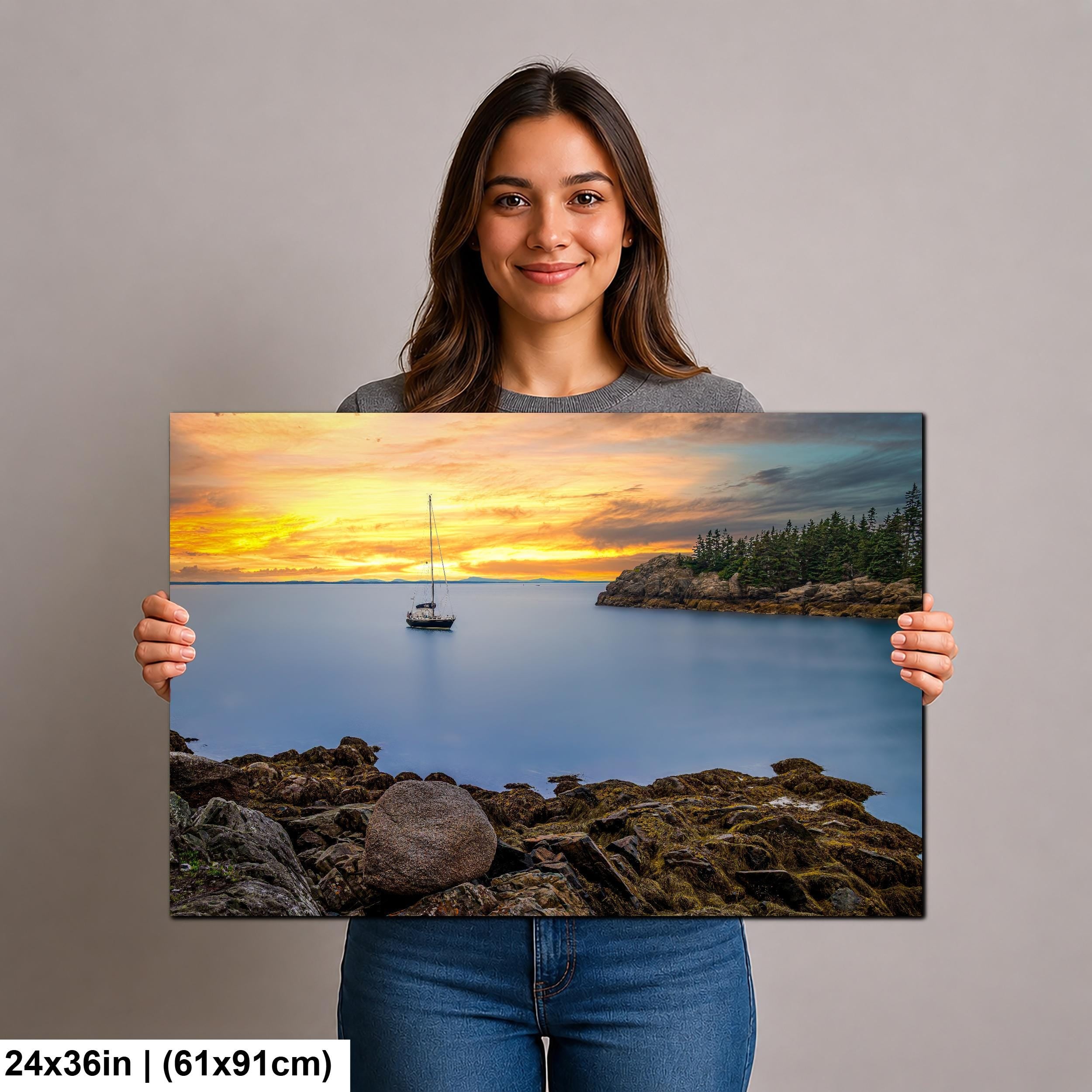 Peaceful Mooring: Sailboat Coastal Maine Harbor Sunset Photography Wall Art