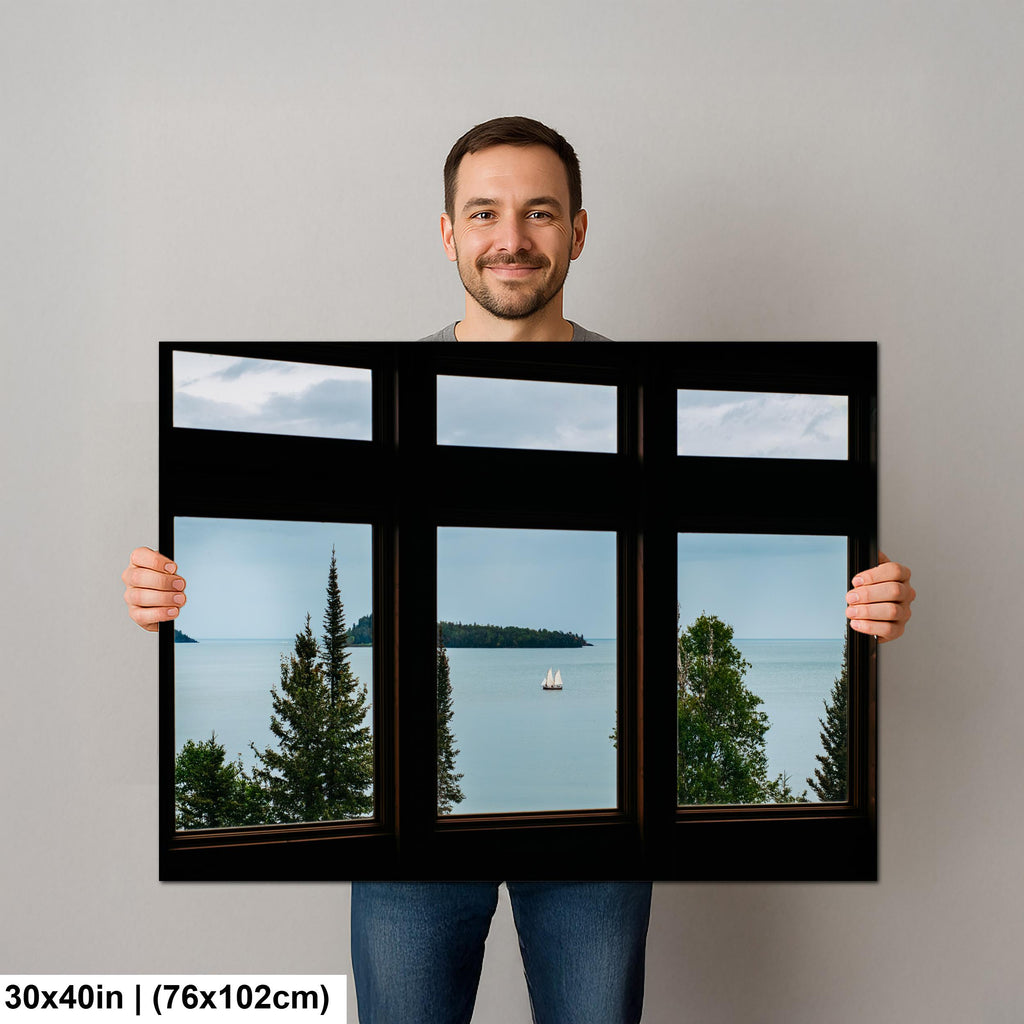 Sailboat on Lake Superior Through Rustic Windows, Grand Portage Minnesota Photography Print