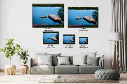 Oregon Lake Rowboat at Wooden Dock Wall Art Canvas Print, Calm Water Reflection Nature Decor, Pacific Northwest Landscape Metal Fine Art