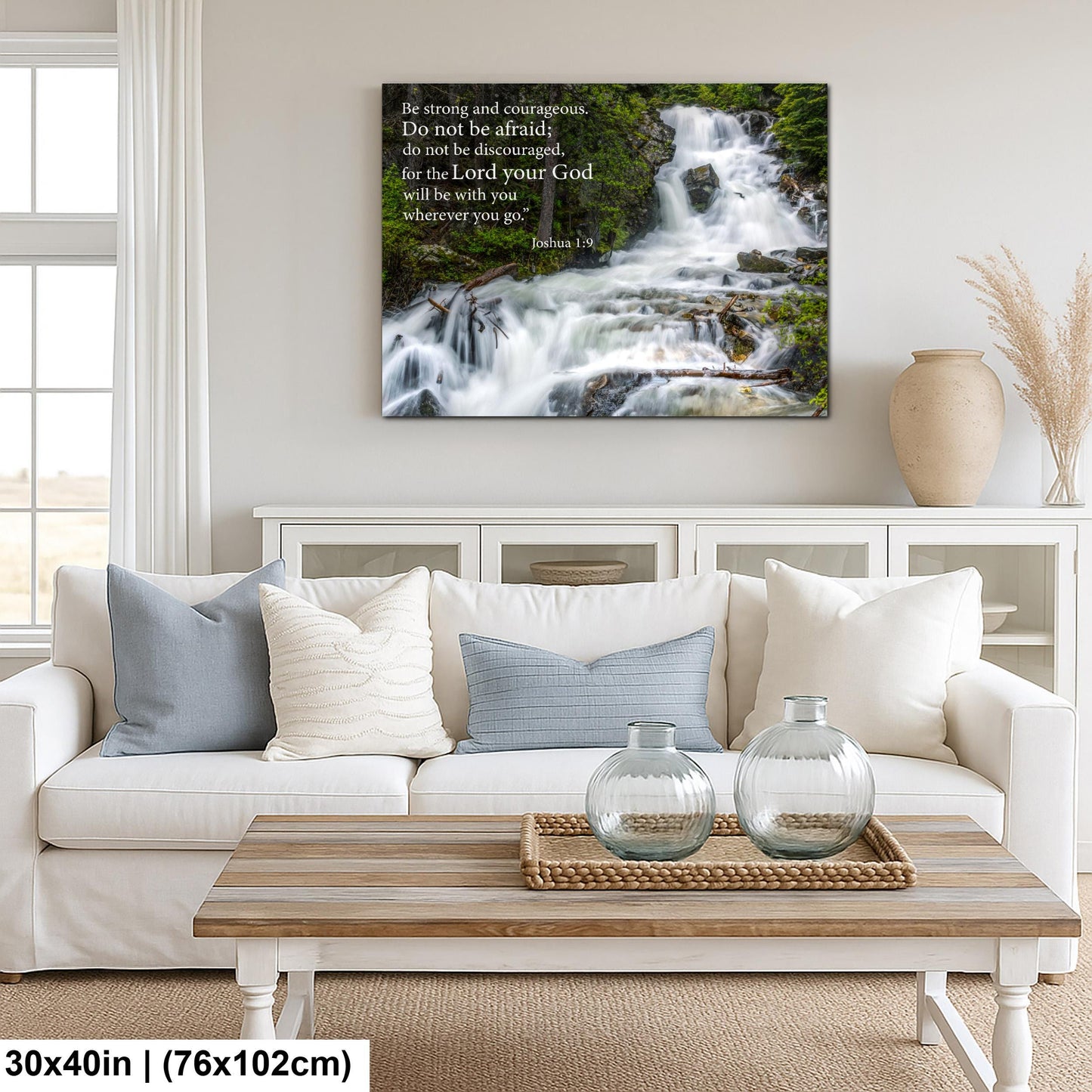 Joshua 1:9 Be Strong and Courageous, Waterfall Photography Print, Christian Scripture Wall Decor for Home or Office