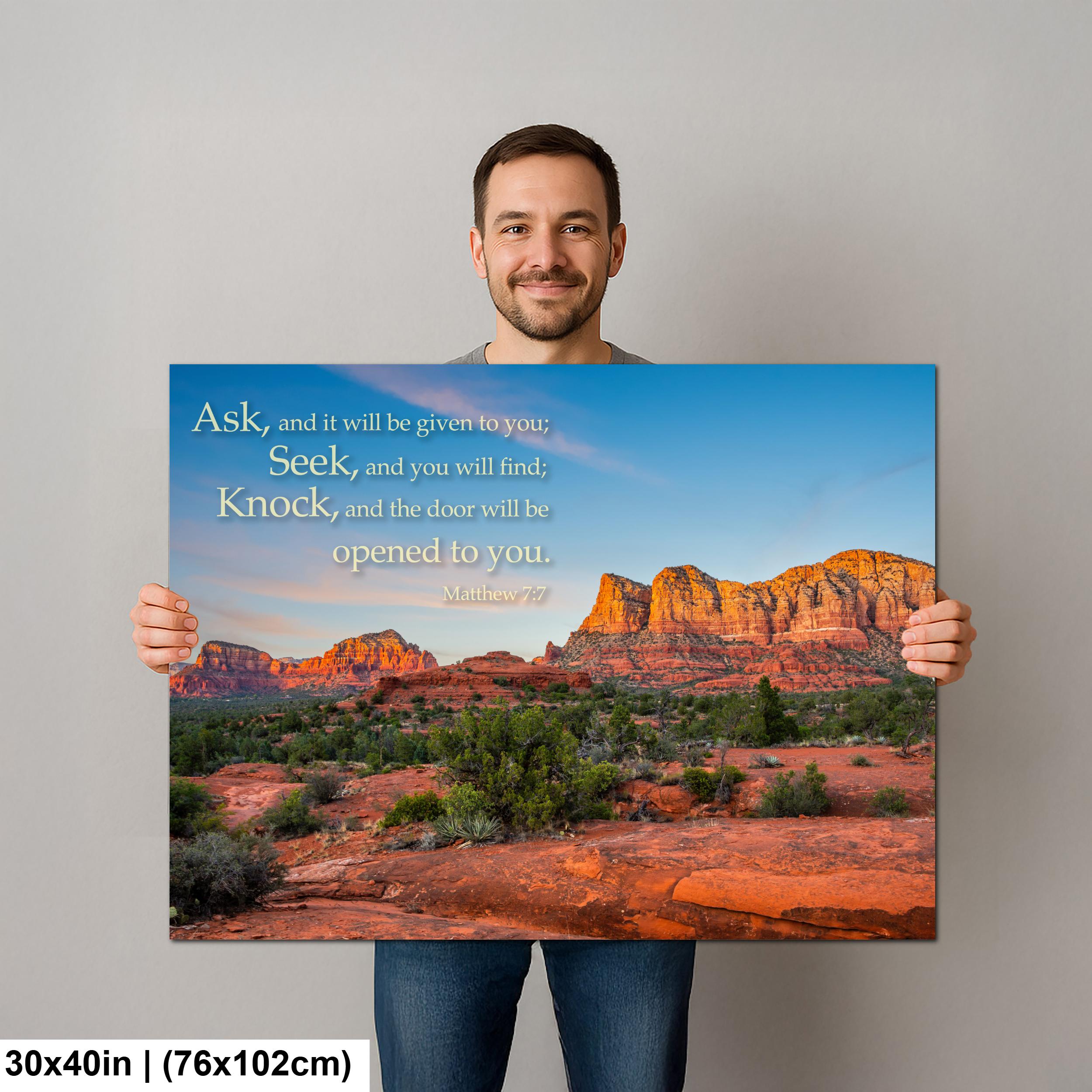 Matthew 7:7 Inspirational Bible Verse Wall Art for Faith and Perseverance, Sedona Red Rock Landscape Photography Wall Art