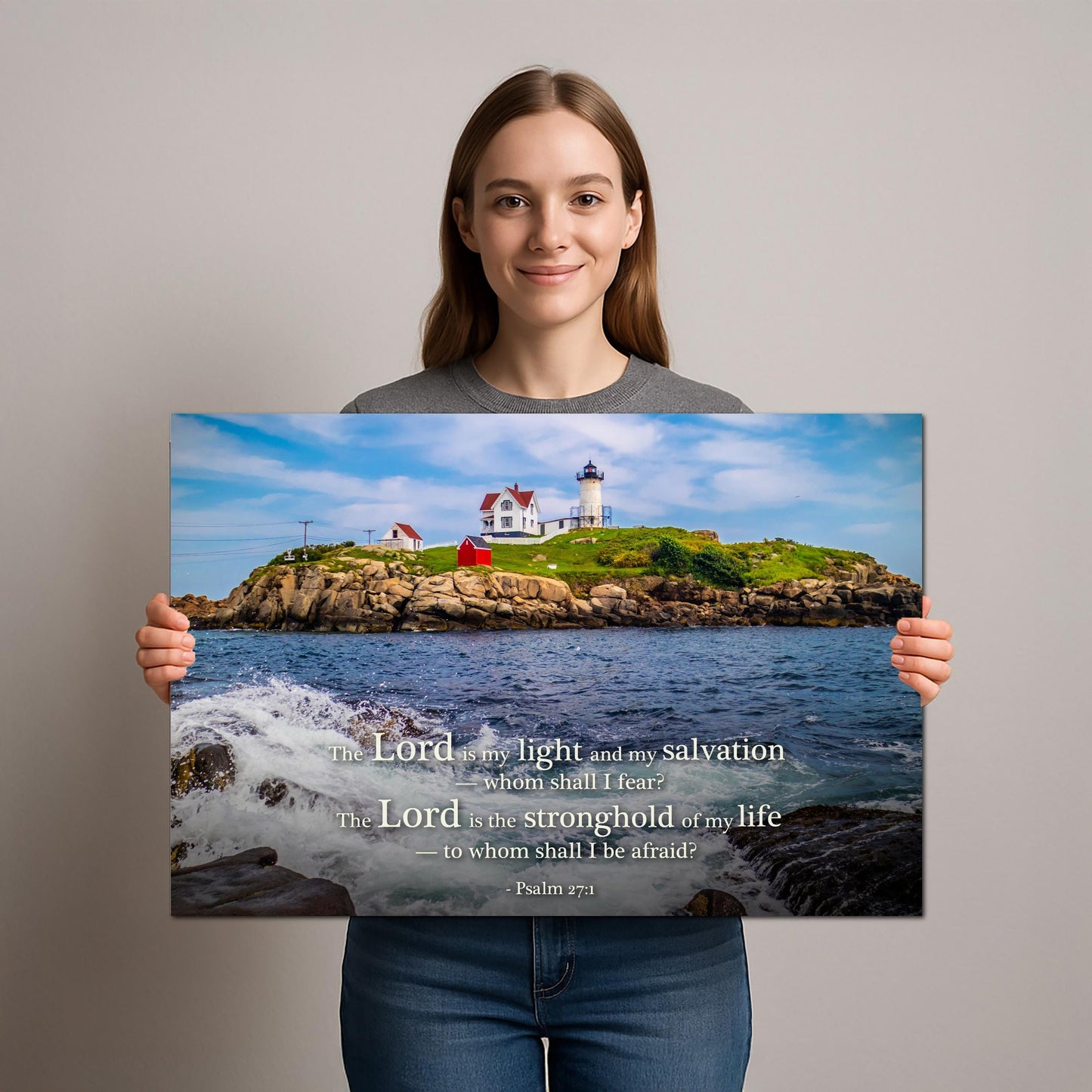 Lighthouse Wall Art – Cape Neddick Maine Lighthouse Print With Psalm 27 Scripture
