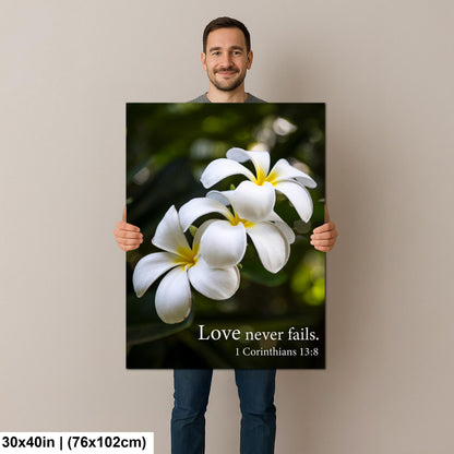 1 Corinthians 13:8 Love Never Fails Bible Quote White Plumeria Flowers Inspirational Photography Print