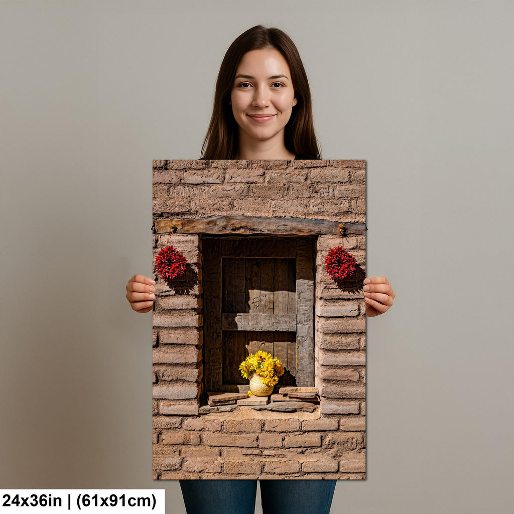 Adobe Wall with Flowers and Chili Ristras, Tucson Arizona, Photography Wall Art