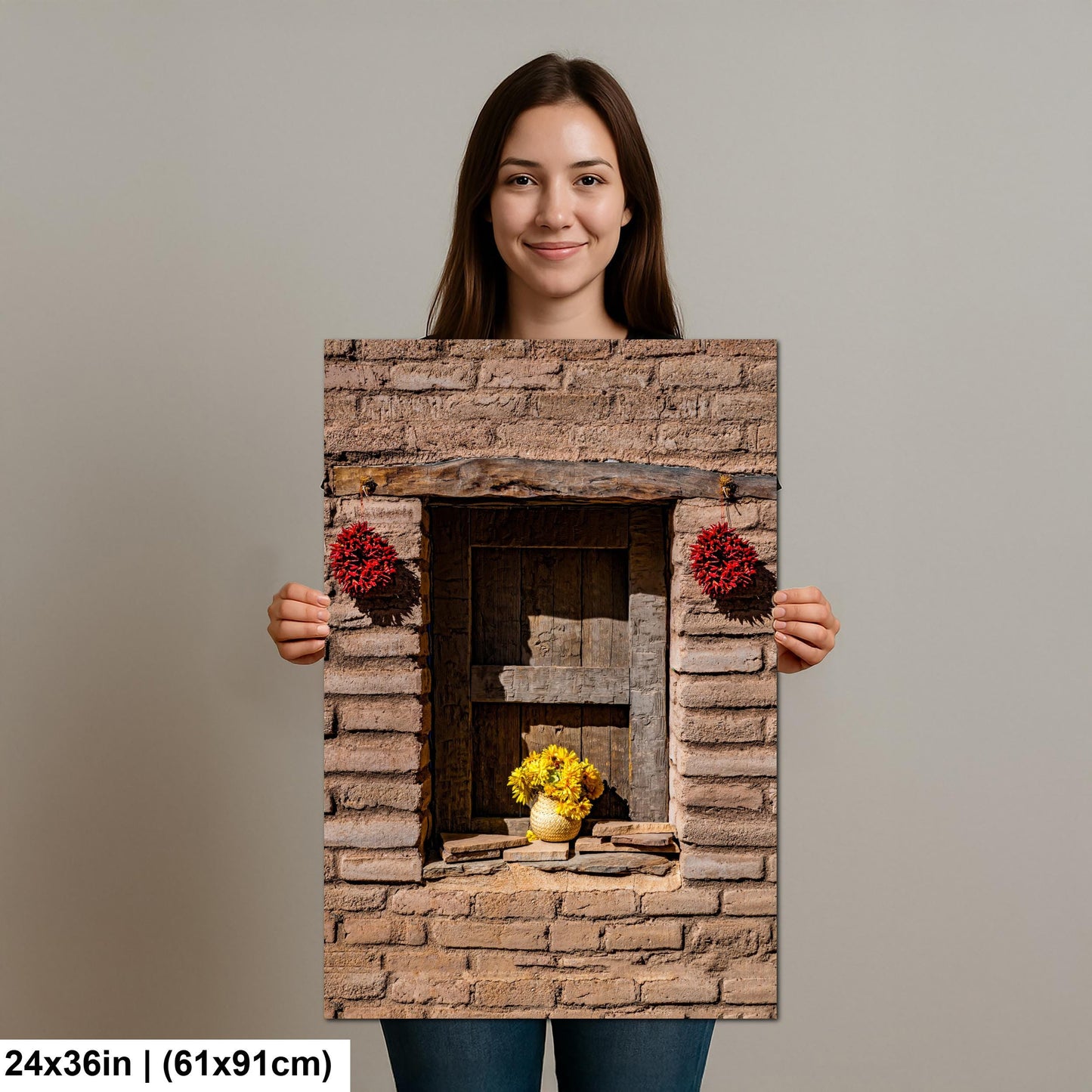 Adobe Wall with Flowers and Chili Ristras, Tucson Arizona, Photography Wall Art