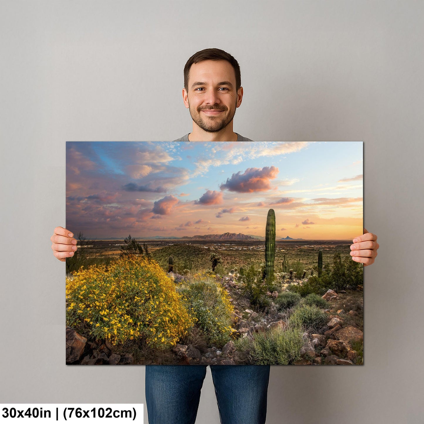 Arizona Sunset Overlook with Saguaros and Wildflowers - Casa Grande Sonoran Desert Photography Print