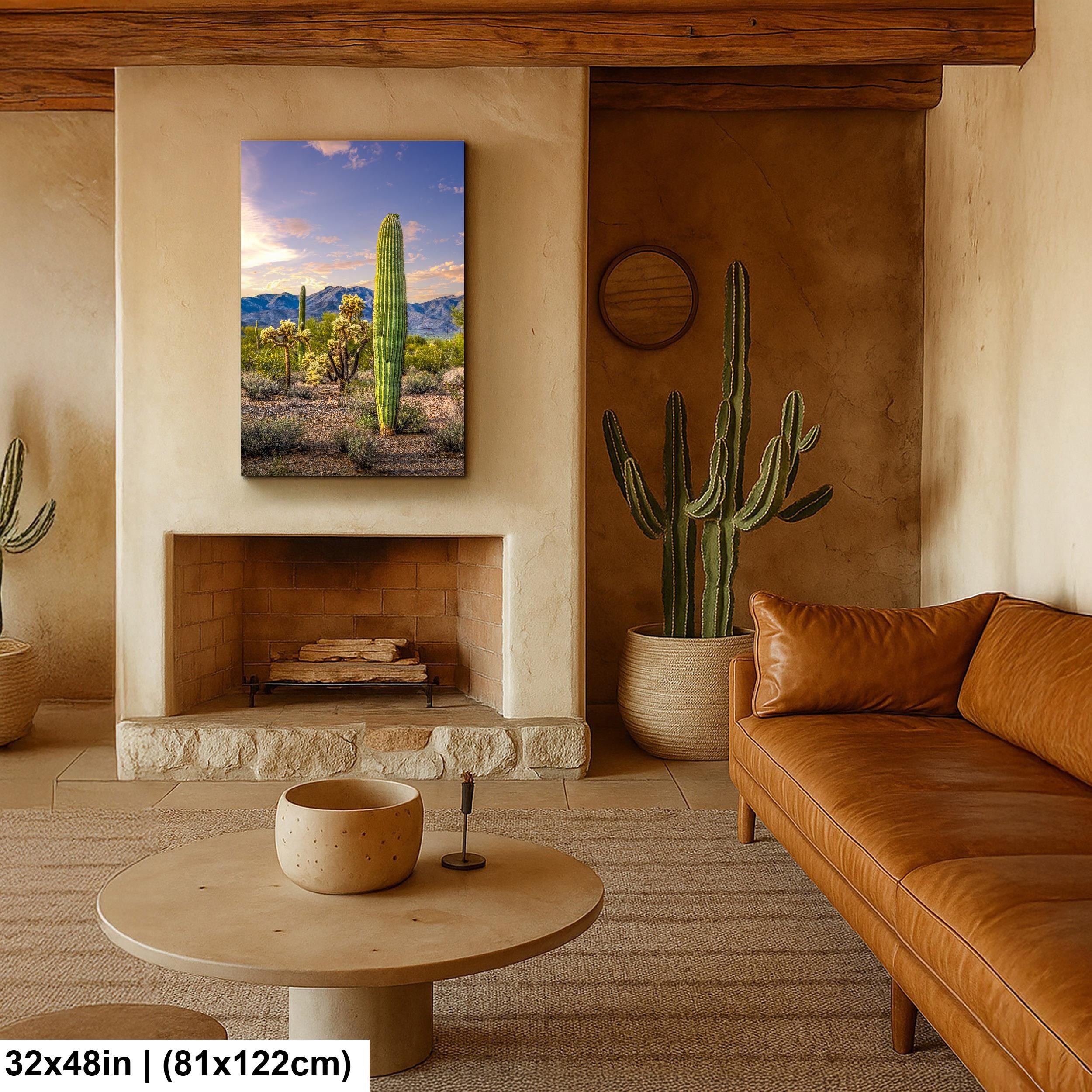 Golden Hour Saguaros and Cholla in Bloom Desert Photography Print, Tucson Arizona Southwest Wall Art Decor