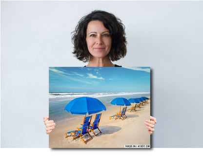 Seaside Escapade:  Blue Umbrella Beach Florida Seascape Photography Metal Canvas Wall Art Print