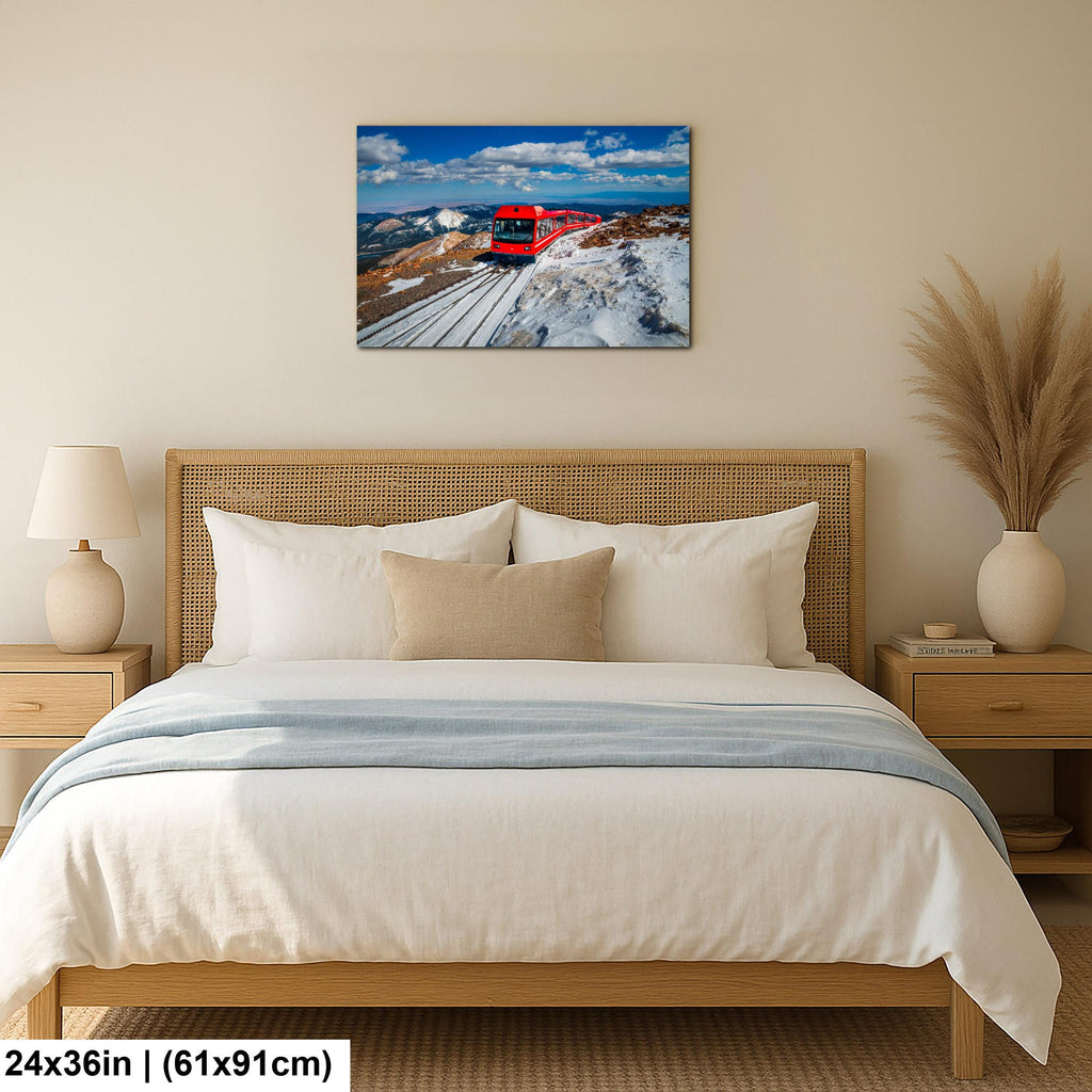 Pikes Peak Cog Railway Photography Print, Colorado Springs Mountain Train, Red Railway Winter Landscape Wall Art Decor