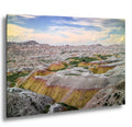 Yellow Mounds Badlands with pastel sky and colorful striped hills