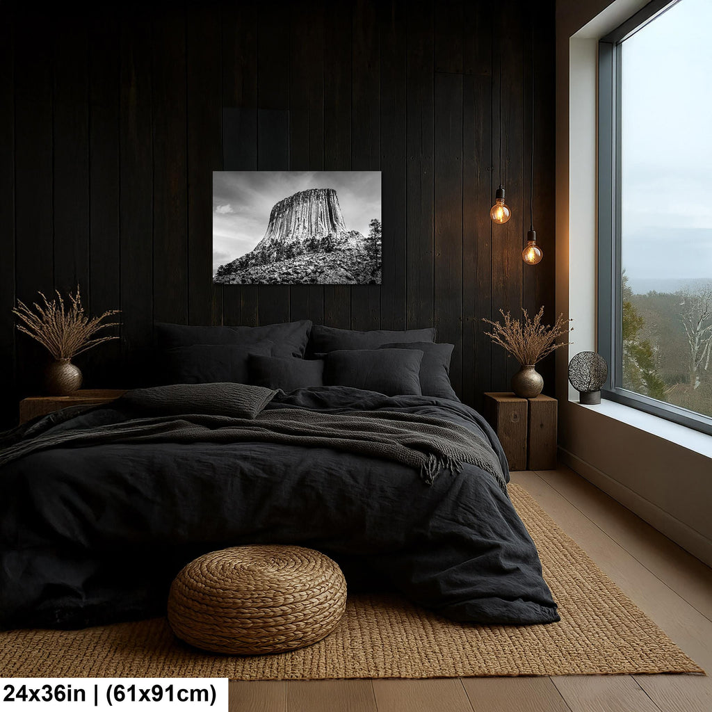 Basalt Monolith: Devils Tower Wyoming Black and White Photography Wall Art