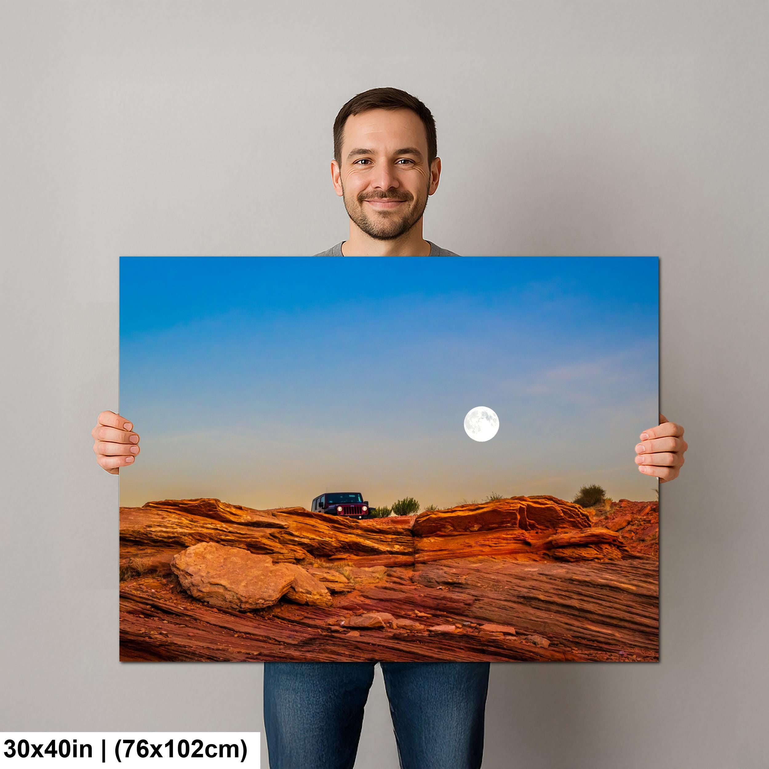 Moonrise Over Red Slickrock with Jeep, Page Arizona Photography Print
