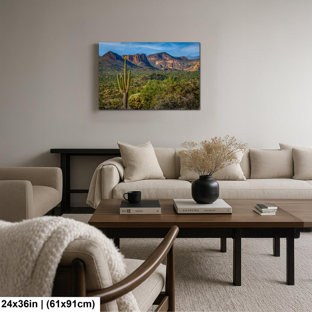 Lost Dutchman State Park Saguaro Overlooking Superstition Mountains Red Rock Cliffs - Apache Junction Arizona Photography Print