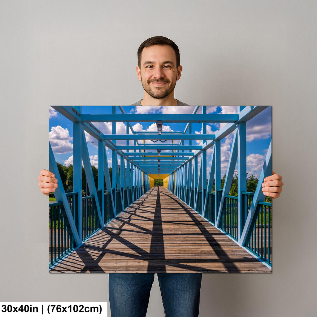 Blue Pedestrian Bridge in Minneapolis Minnesota Photography Print, Modern Urban Architecture Wall Art Decor
