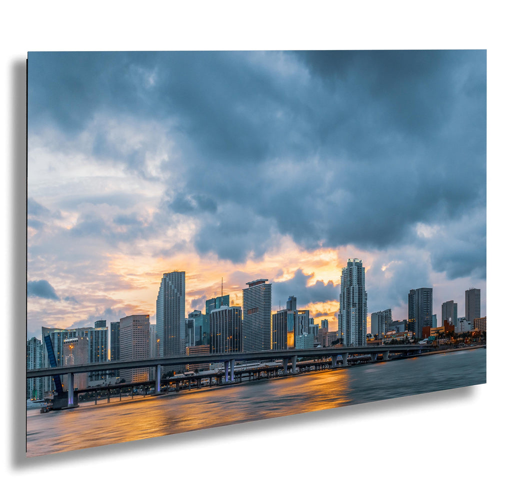 Miami Skyline from the Bay at Sunset: Florida Print Wall Art MacArthur Causeway Bridge Photography Aluminum/Acrylic/Metal/Canvas Home Decor