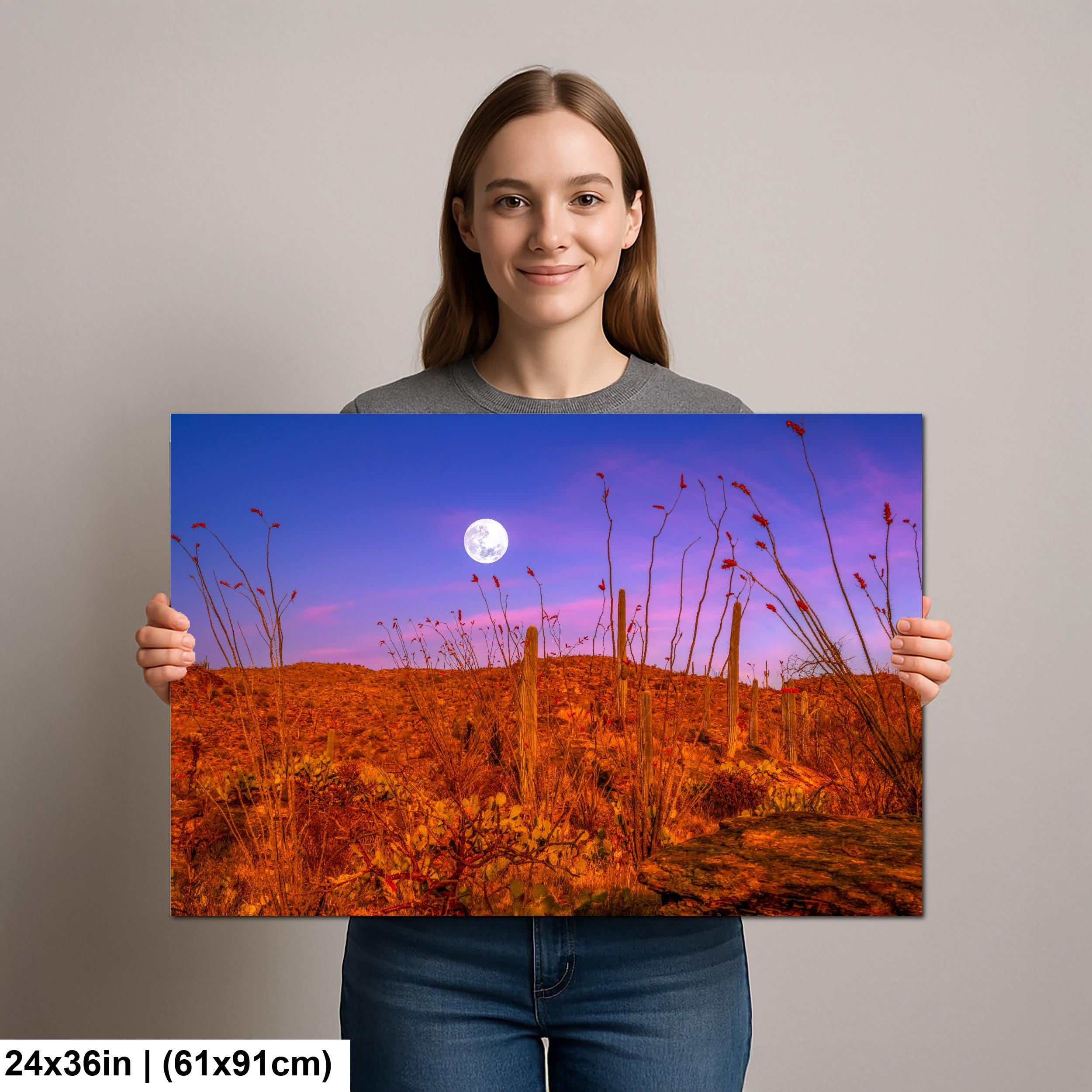 Sonoran Desert Full Moon Print – Saguaros, Ocotillo, Twilight Sky Photography Wall Art