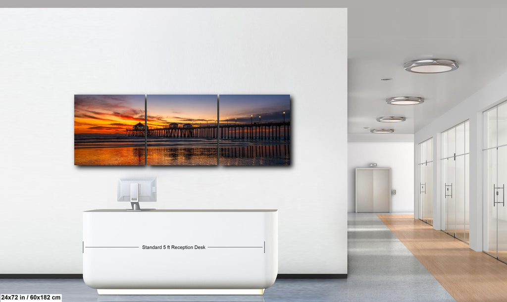 Huntington Beach Pier Sunset, California Coast Ocean Photography Print, Coastal Wall Art, Orange Sky Reflection, Beach Home Decor