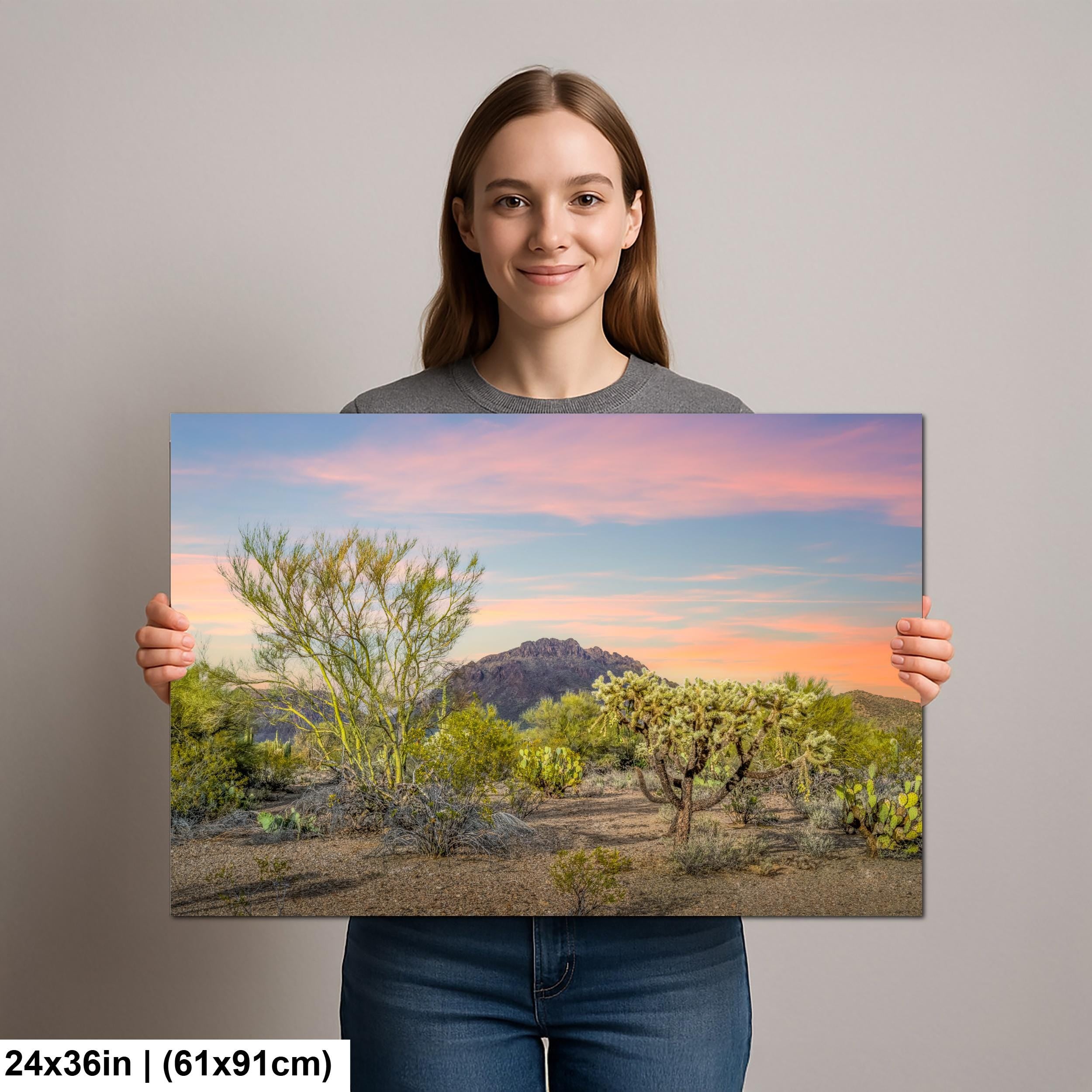 Cholla Cactus Sunset with Mountain View, Tucson Arizona Photography Print