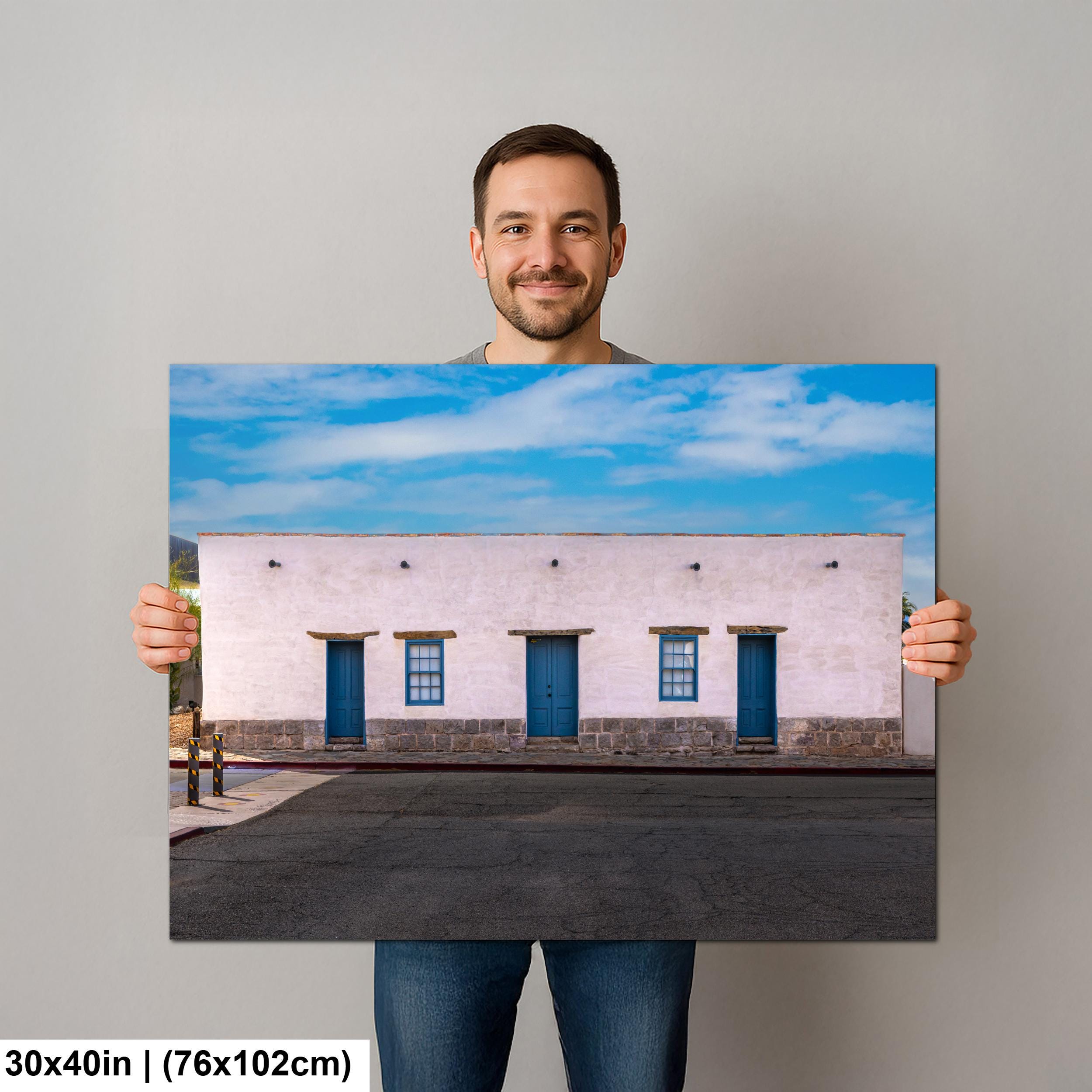 Historic Adobe Building with Blue Doors, Tucson Arizona, Photography Wall Art